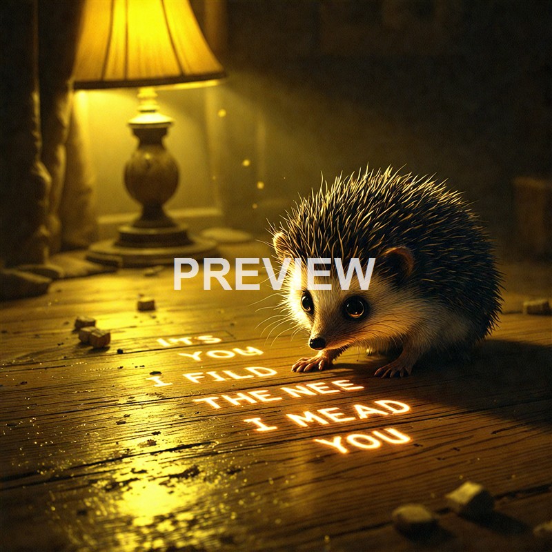 A small hedgehog sitting on a wooden floor near a glowing message that reads "I MISS YOU, I FELL IN THE NESE, I MEAD YOU," with a warm yellow lamp illuminating the scene.